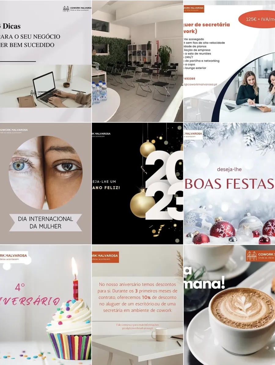 Grelha antiga do Instagram do Cowork Malvarosa: postais de Natal, Ano Novo, aniversário e imagens de banco