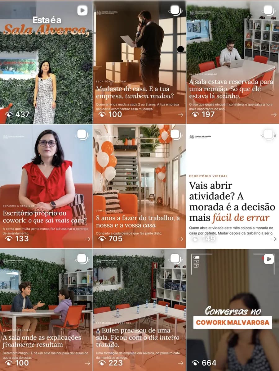 Grelha nova do Instagram do Cowork Malvarosa: o espaço real, pessoas da equipa e títulos sobre cada serviço