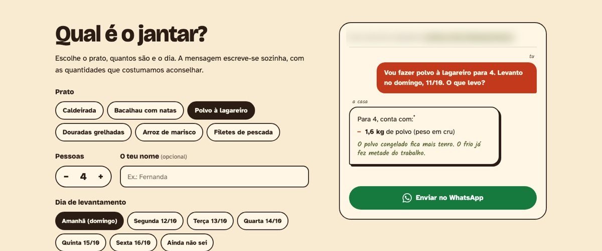 Secção do site: escolhe o prato, quantas pessoas e o dia de levantamento. Ao lado, a mensagem de WhatsApp já escrita e a resposta com a quantidade aconselhada